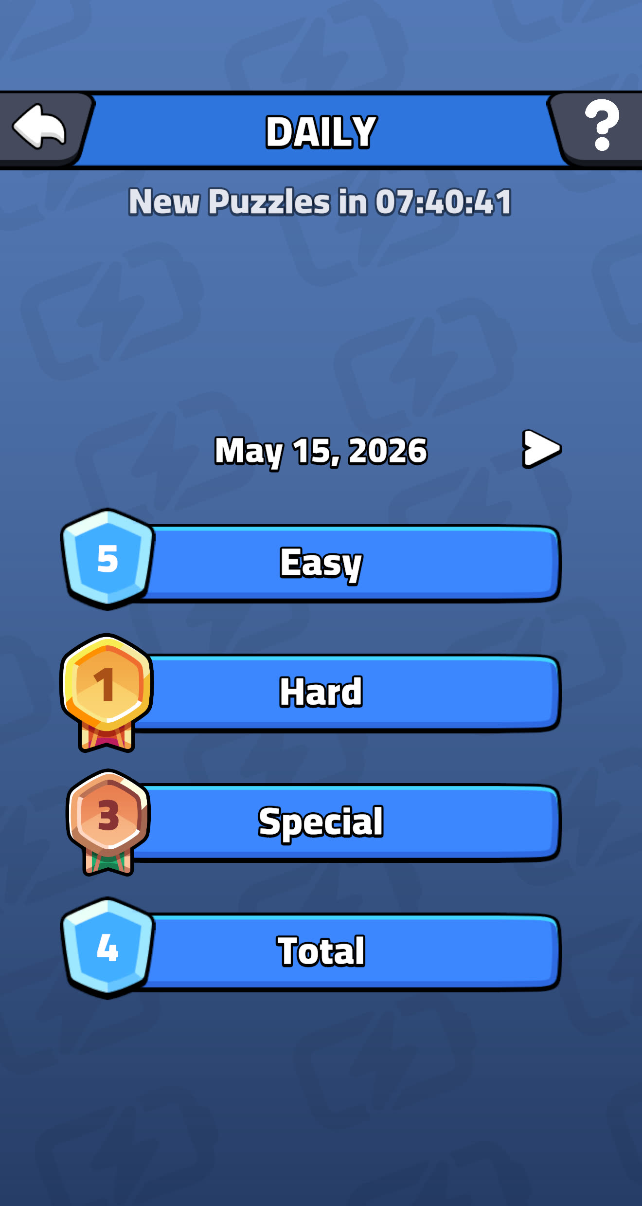 The Daily menu: Easy, Hard, Special, and Total leaderboards